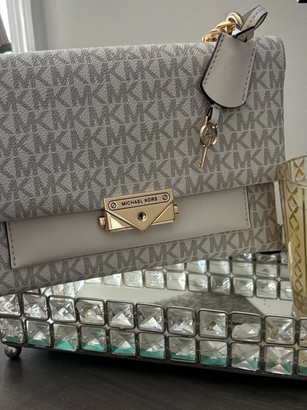 NWT Michael Kors Cream MK Logo Chain Medium Crossbody Bag - Picture 11 of 17